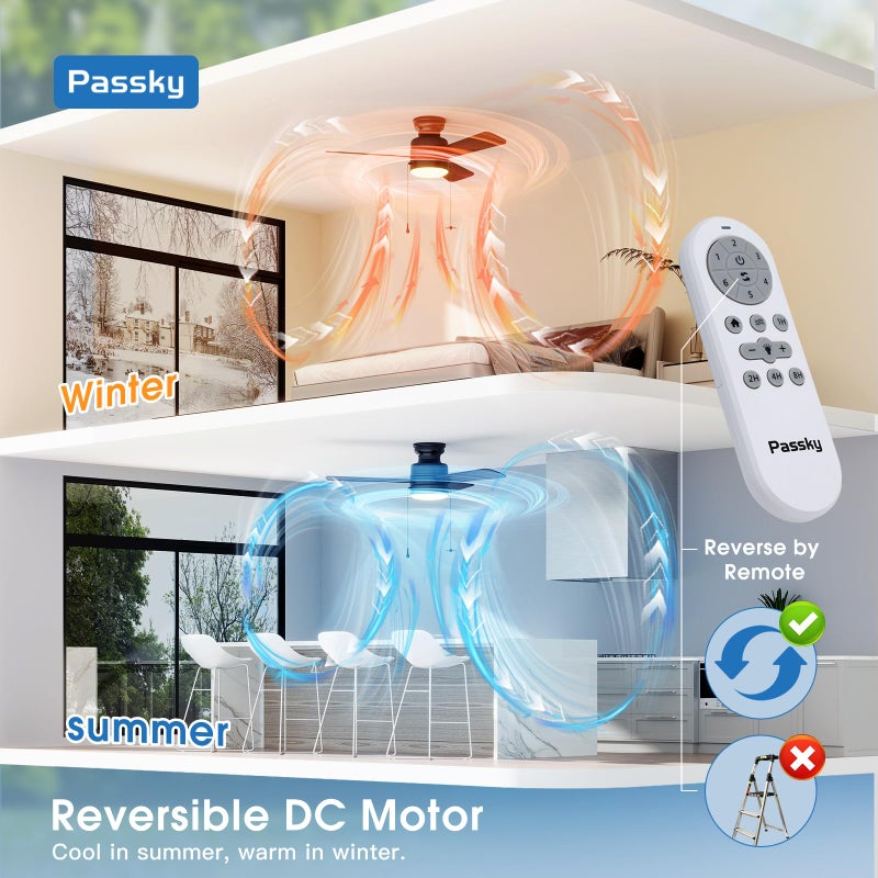 Passky Ceiling Fans with Lights, 42 inch Low Profile Ceiling Fan with Pull Chain and Remote Control, Flush Mount, Reversible, 5CCT, Dimmable, Noiseless, Black Pull Cord Ceiling Fan for Bedroom - Image 5