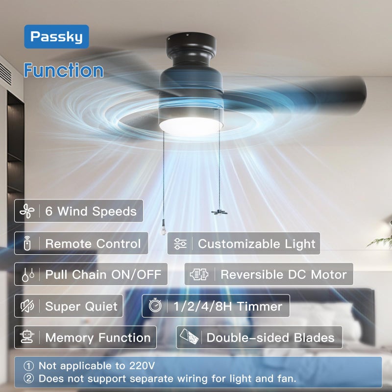 Passky Ceiling Fans with Lights, 42 inch Low Profile Ceiling Fan with Pull Chain and Remote Control, Flush Mount, Reversible, 5CCT, Dimmable, Noiseless, Black Pull Cord Ceiling Fan for Bedroom - Image 2