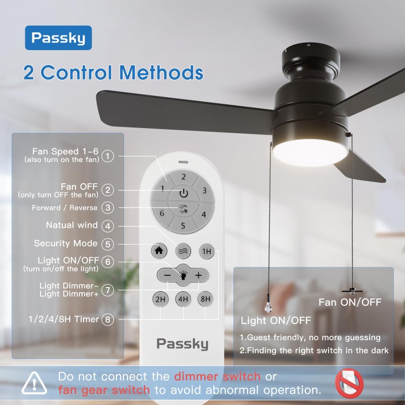 Passky Ceiling Fans with Lights, 42 inch Low Profile Ceiling Fan with Pull Chain and Remote Control, Flush Mount, Reversible, 5CCT, Dimmable, Noiseless, Black Pull Cord Ceiling Fan for Bedroom - Image 4