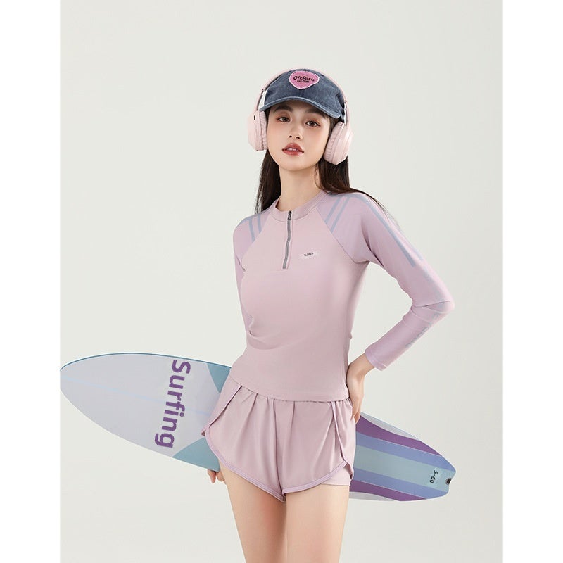 Women's Two-Piece Long Sleeve Swimsuit Modest Sporty Swimwear for Students Sun Protection –  Blue/Black/Pink - Image 5