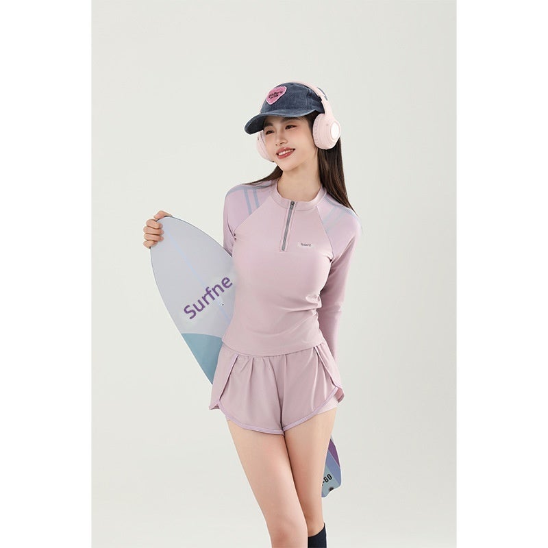 Women's Two-Piece Long Sleeve Swimsuit Modest Sporty Swimwear for Students Sun Protection –  Blue/Black/Pink - Image 1