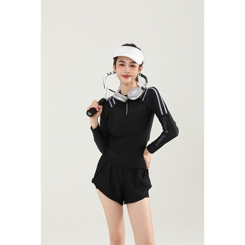 Women's Two-Piece Long Sleeve Swimsuit Modest Sporty Swimwear for Students Sun Protection –  Blue/Black/Pink - Image 3
