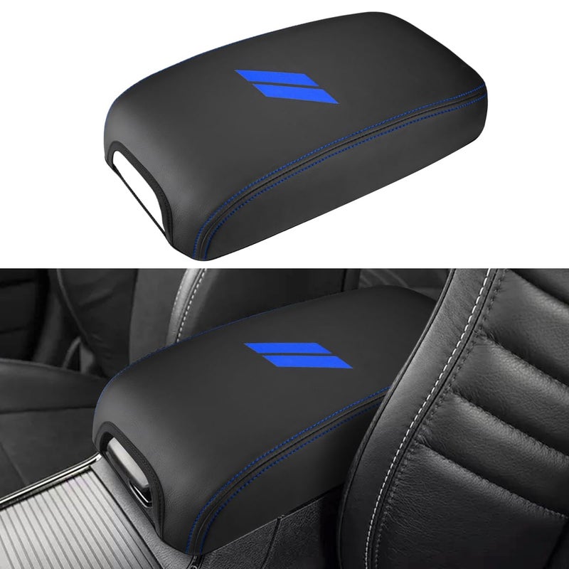 INTGET Car Center Console Cover for 2022 2021 Dodge Charger Accessories 2020 2019 2018 2017 2016 2015 Leather Armrest Cover Console Lid Protector Cushion Pad Dark Blue Stitches Leather