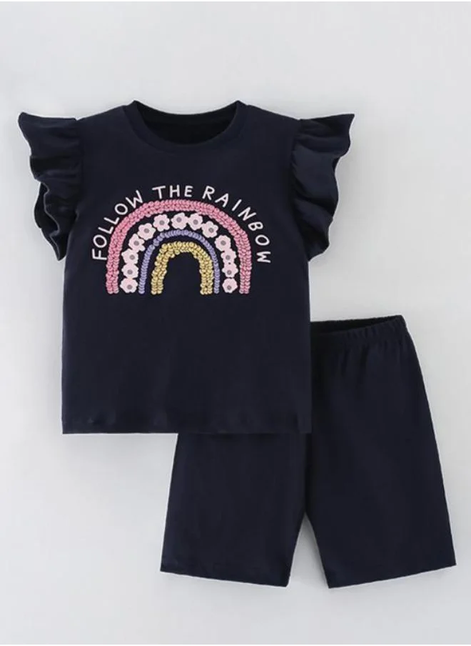 YUNIQEE Navy Blue Crew Neck Cap Sleeve Printed Top & Shorts