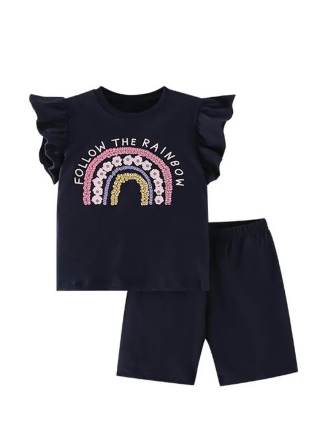 YUNIQEE Navy Blue Crew Neck Cap Sleeve Printed Top & Shorts