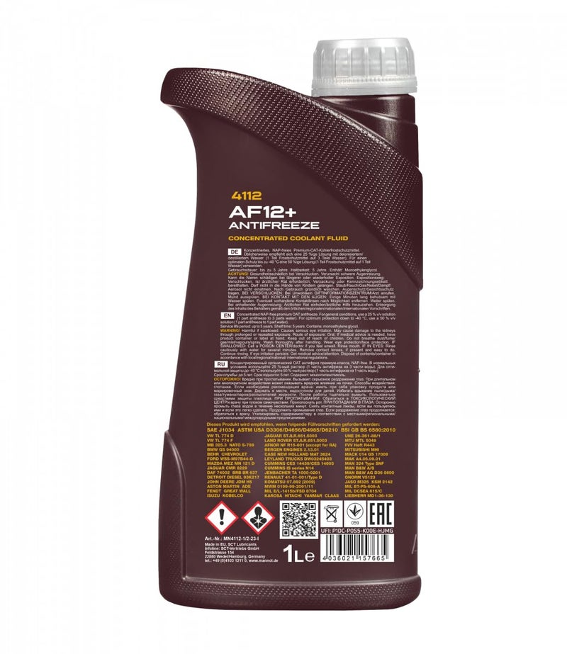 MANNOL 4112 AF12+ OAT Organic Acid Technology Concentrated Long-life RED Coolant Fluid 325.3 STJLR.651.5003 SAE J1034 TL 774 GS 94000F Imported from Germany 1 litre - Image 2
