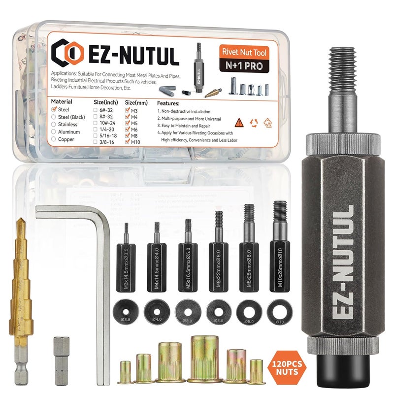 EZ-NUTUL Rivet Nut Installation Tool Set Flat Head Rivnut Threaded Insert Nut Kit SAE & Metric for Metal Heavy Duty Zinc Plated Nutsert (Metric Tool Assortment(120pcs)) - Image 1