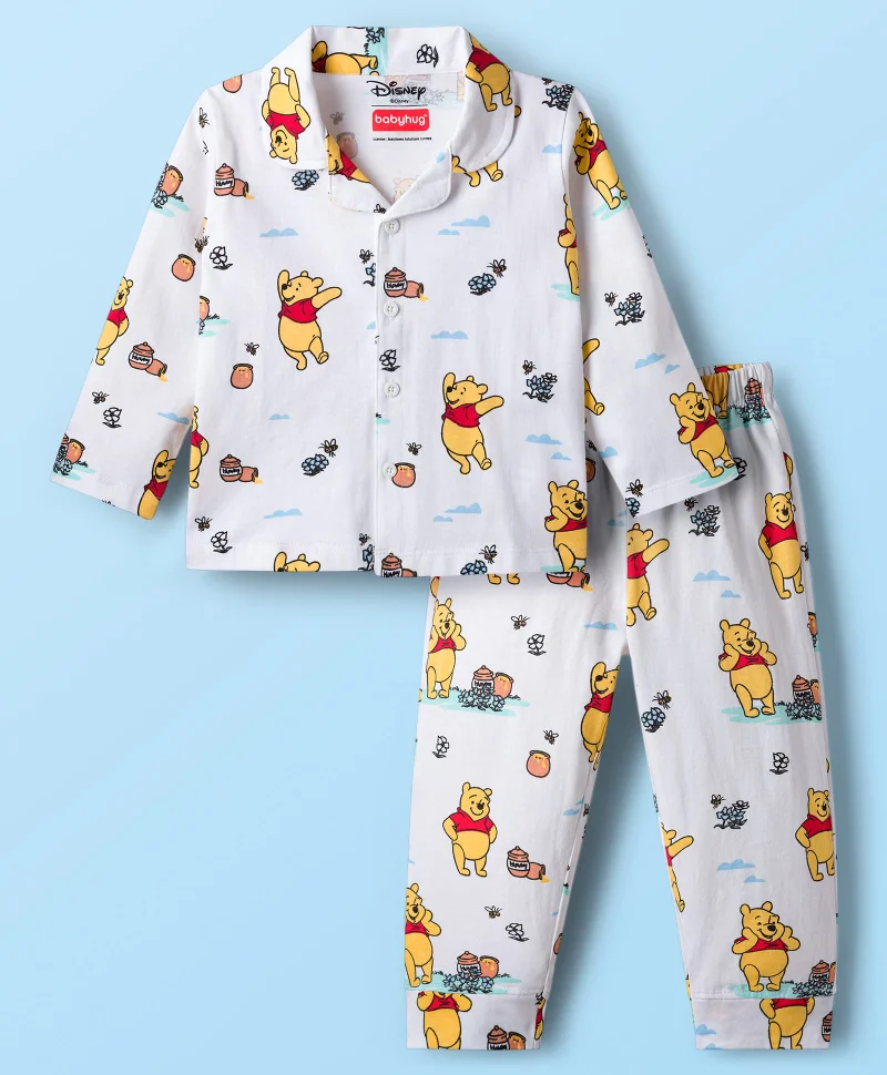 Babyhug Disney Babyhug Disney Single Jersey Knit Full Sleeves Co-ords Night Suit With Winnie The Pooh Print - White