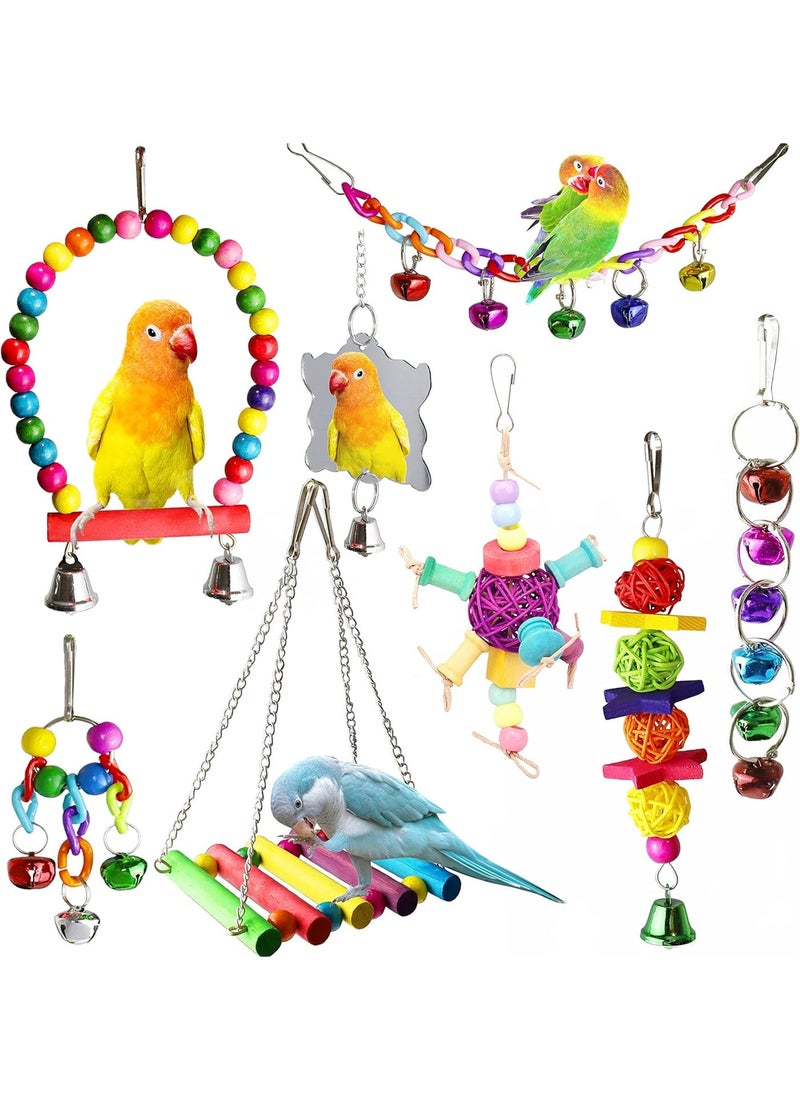 Mumoo Bear 8 Pcs Bird Budgie Parakeet Toys, Hanging Bell Hammock Swing Cockatiel Toy Wooden Perch Mirror Chewing Toy for Small Parrots, Conures, Love Birds (Muliti-A) - Image 1