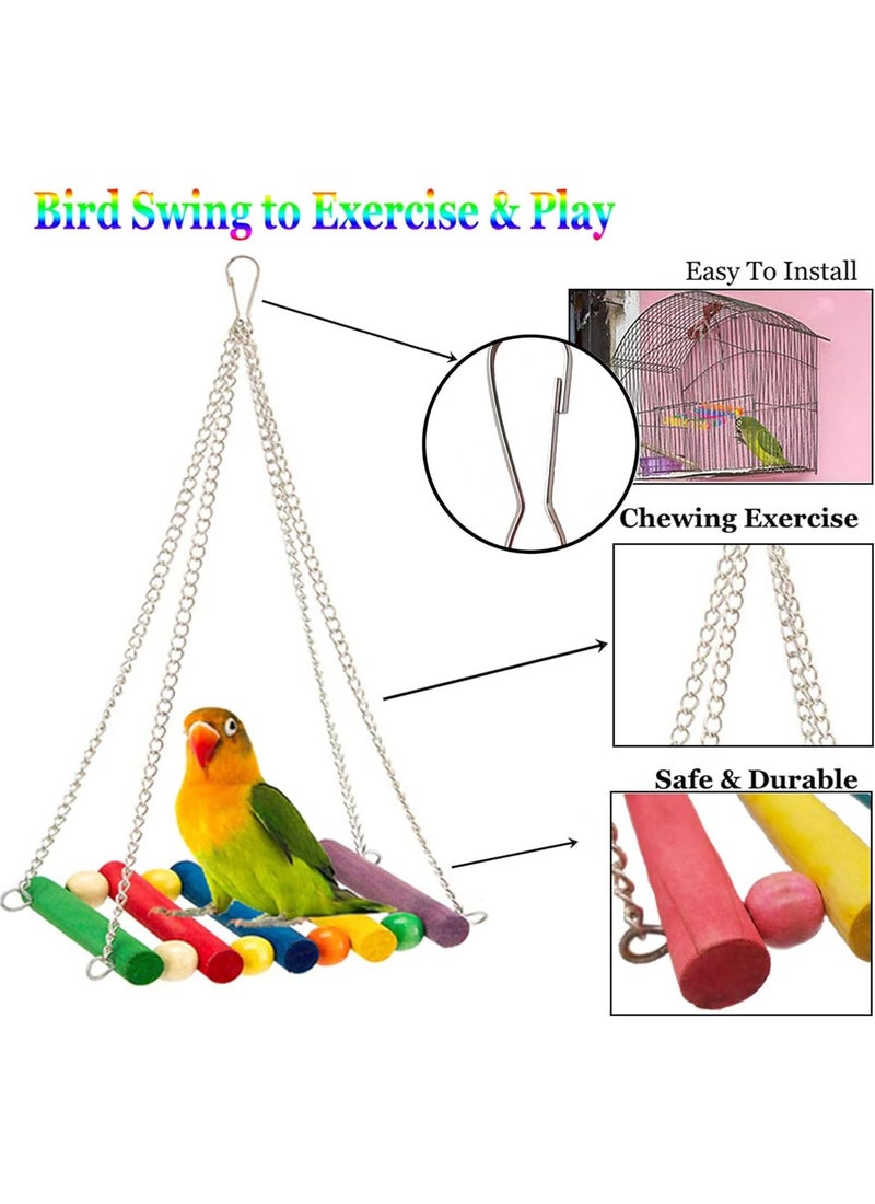 Mumoo Bear 8 Pcs Bird Budgie Parakeet Toys, Hanging Bell Hammock Swing Cockatiel Toy Wooden Perch Mirror Chewing Toy for Small Parrots, Conures, Love Birds (Muliti-A) - Image 3