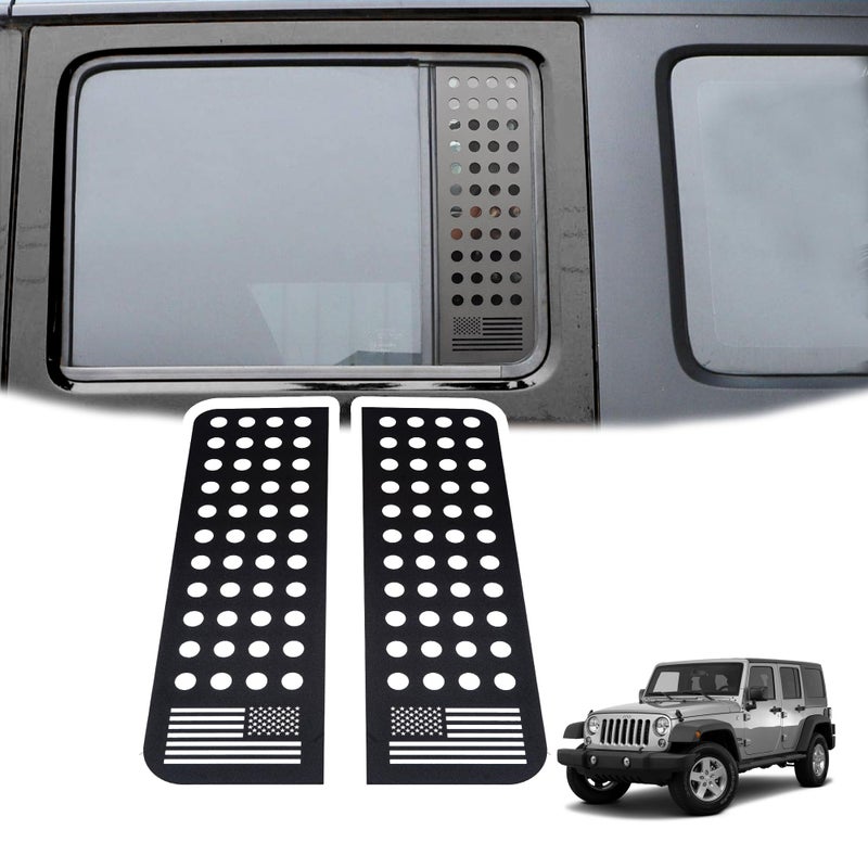 Phamyor Rear Door Window Glass Decals Aluminum Alloy Glass Panel Cover Trim Fit for 2007-2018 Jeep Wrangler JK JKU Sport Rubicon Sahara Unlimited 4-Door, 2PCS, Black, US Flag - Image 1
