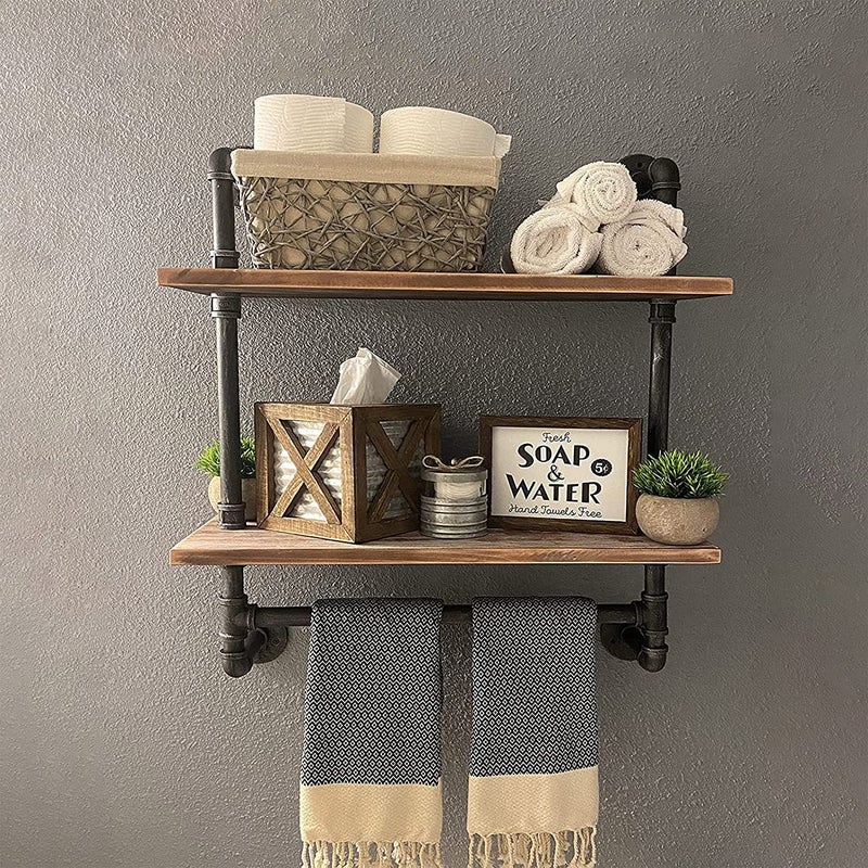 MBQQ Industrial Pipe ShelvingIron Pipe Shelves Bathroom Shelves with Towel bar24in Rustic Metal Pipe Floating Pipe Wall Shelf2 Tier Industrial Wall MountedRetro Brown 