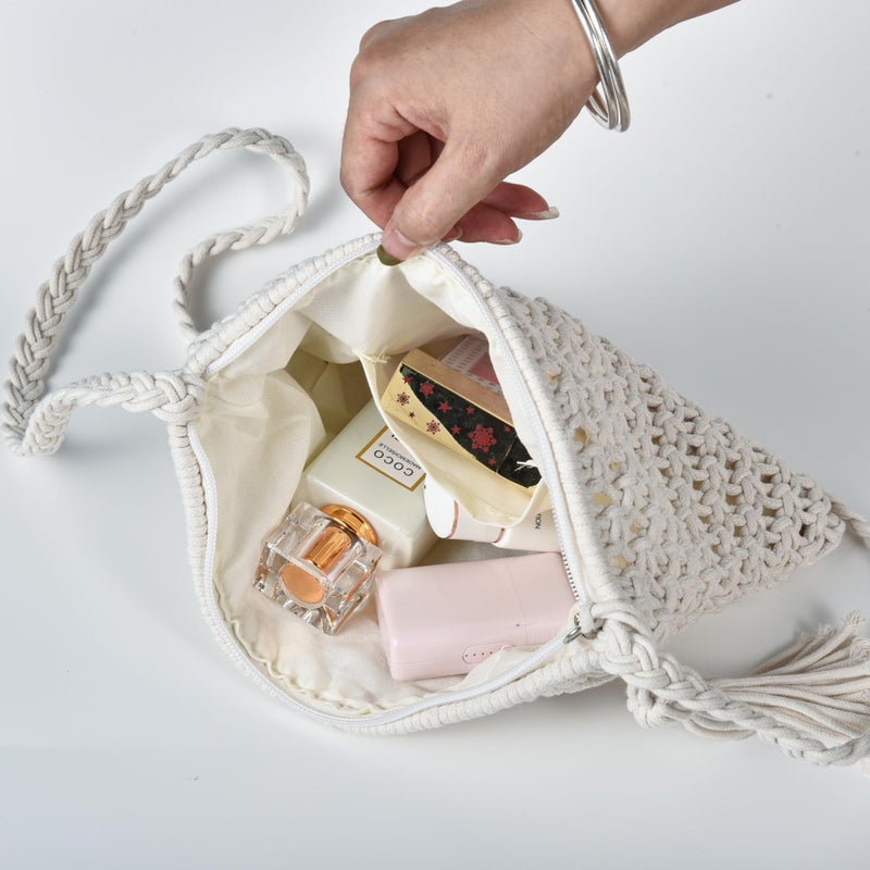 Eiyye Crochet Bag Handmade Crossbody Purse Small Shoulder Bag Boho Purses with Tassel for Women Girls(Off White) - Image 2