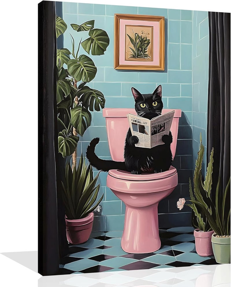 OWNANRTHM Funny Black Cat Bathroom Wall Art - Image 1