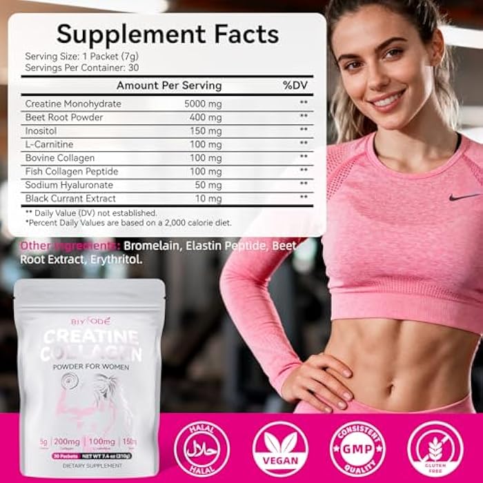 BIYODE Creatine Powder Sticks for Women: 5g Creatine 200mg Collagen L-Carnitine & Inositol for Workout Recovery & Endurance Support Pink Drink Packets 30 Servings - Image 2