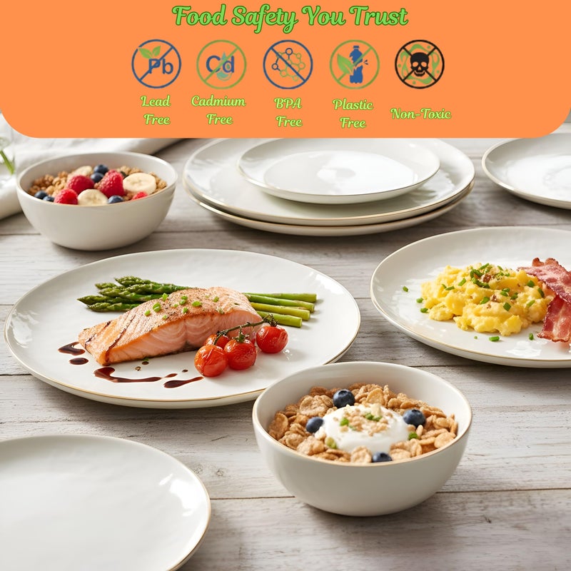 Sango 12-Piece Lightweight Stoneware Dinnerware Set for 4, Glossy Vanilla White Plates and Bowls Sets, Gold Rims, Farmhouse Ceramic Dish Set, Rustic Dishes, Microwave and Dishwasher Safe, Gansevoort - Image 3