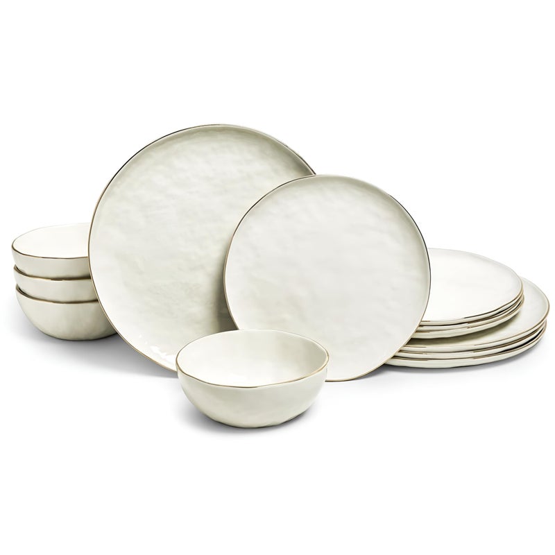 Sango 12-Piece Lightweight Stoneware Dinnerware Set for 4, Glossy Vanilla White Plates and Bowls Sets, Gold Rims, Farmhouse Ceramic Dish Set, Rustic Dishes, Microwave and Dishwasher Safe, Gansevoort - Image 1