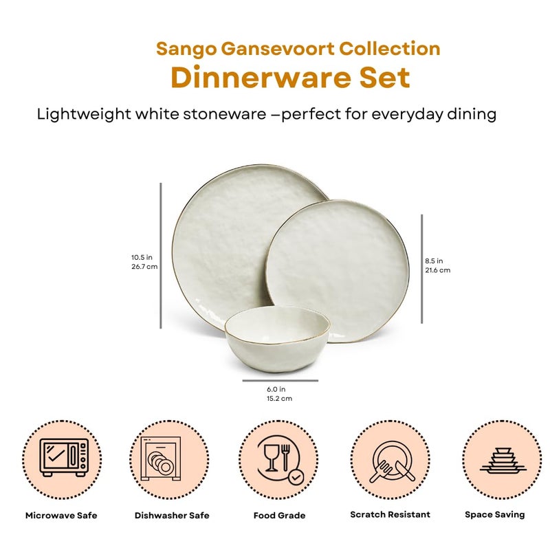 Sango 12-Piece Lightweight Stoneware Dinnerware Set for 4, Glossy Vanilla White Plates and Bowls Sets, Gold Rims, Farmhouse Ceramic Dish Set, Rustic Dishes, Microwave and Dishwasher Safe, Gansevoort - Image 2