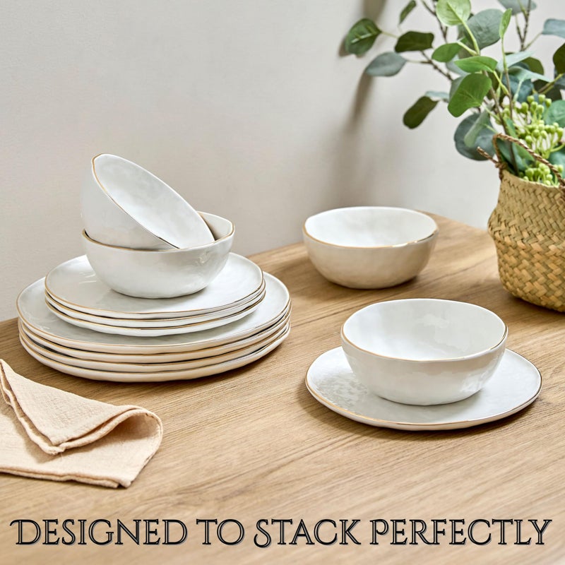 Sango 12-Piece Lightweight Stoneware Dinnerware Set for 4, Glossy Vanilla White Plates and Bowls Sets, Gold Rims, Farmhouse Ceramic Dish Set, Rustic Dishes, Microwave and Dishwasher Safe, Gansevoort - Image 5