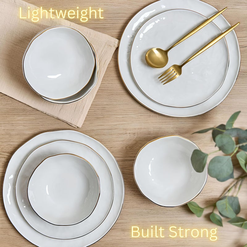 Sango 12-Piece Lightweight Stoneware Dinnerware Set for 4, Glossy Vanilla White Plates and Bowls Sets, Gold Rims, Farmhouse Ceramic Dish Set, Rustic Dishes, Microwave and Dishwasher Safe, Gansevoort - Image 4