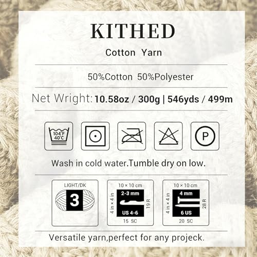 KITHED Cotton Yarn，50% Cotton 50% Polyester-10.5oz，546yard，3 Pack ，Soft Yarn for Crocheting and Knitting (01 Milk White) - Image 2