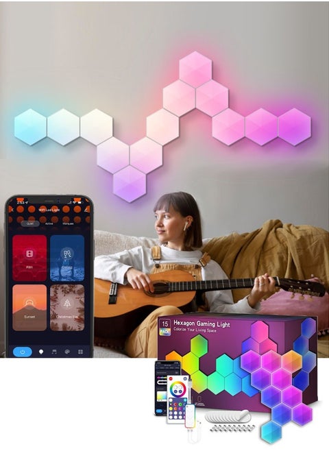 Hexagon LED Light, Smart RGB-IC Gaming LED Wall Light App and Remote Control Music Sync, Hexagon Light Panels DIY Geometric Mood Lighting for Game Room Bedroom Streaming, 15 Panels