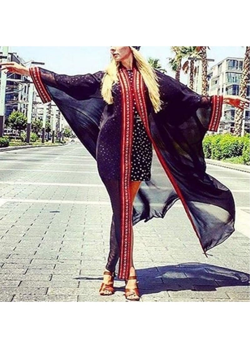 Summer Long Kaftan Bohemian Beach Kimono Swimsuit Cover Up Plus Size Dress for Women Sunscreen cardigan Length: 140cm (Black)