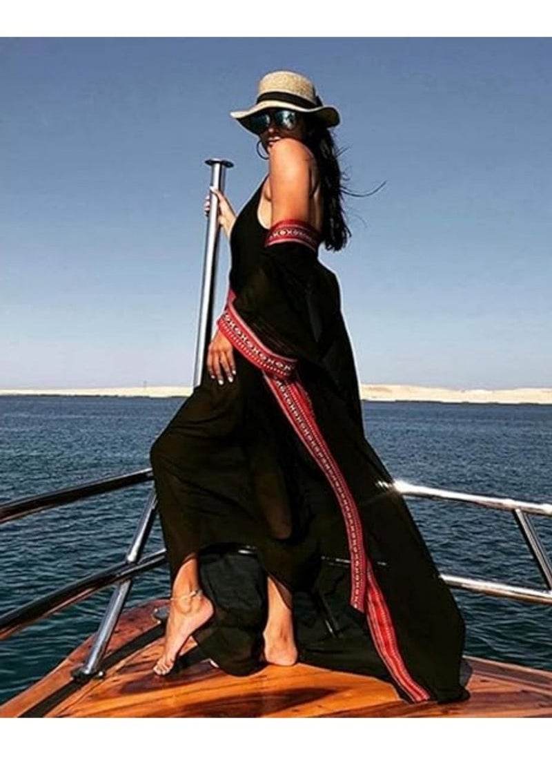 Summer Long Kaftan Bohemian Beach Kimono Swimsuit Cover Up Plus Size Dress for Women Sunscreen cardigan Length: 140cm (Black)