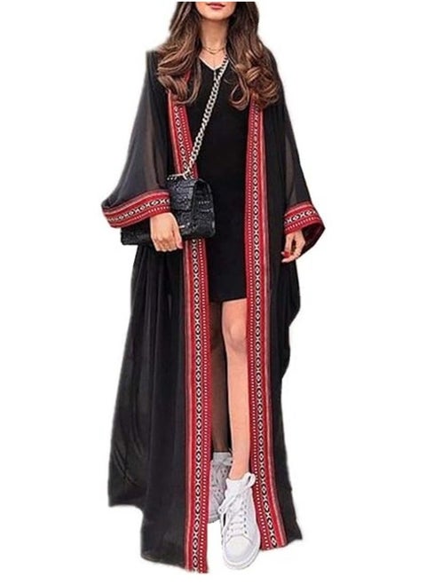 Summer Long Kaftan Bohemian Beach Kimono Swimsuit Cover Up Plus Size Dress for Women Sunscreen cardigan Length: 140cm (Black)
