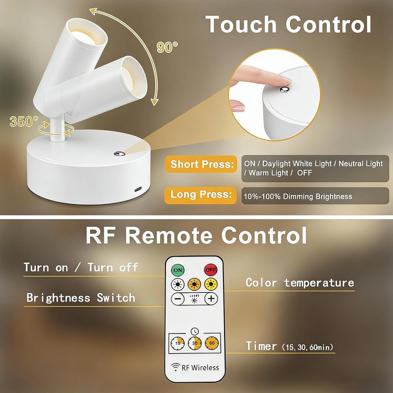 Spotlight Indoor, Wireless Operated with Remote,Uplight Indoor Down Light for Picture on Wall, Plant Spotlight Dimmable Timer, Mini Ceiling Lights Painting for Trees Plant,Type C Charging - Image 5