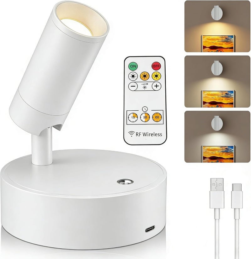 Spotlight Indoor, Wireless Operated with Remote,Uplight Indoor Down Light for Picture on Wall, Plant Spotlight Dimmable Timer, Mini Ceiling Lights Painting for Trees Plant,Type C Charging - Image 1