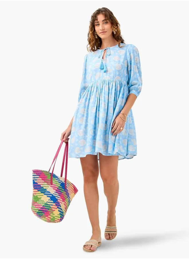 سبلاش فيڤ Printed Coverup Dress with Tie-Up Neck and 3/4 Sleeves