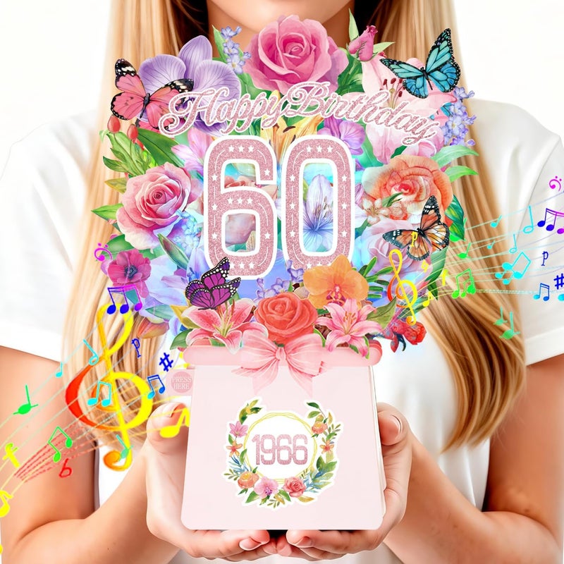 أولوسونغ بطاقات عيد ميلاد الـ60 للنساء كهدايا، بطاقة عيد ميلاد سعيد الـ60 مع الضوء والموسيقى، وردة وزنبق وأوركيد وفراشات، باقة زهور أبدية بحجم طبيعي 10 بوصات، بطاقة هدية عيد ميلاد 1966 ثلاثية الأبعاد منبثقة للنساء - Image 1