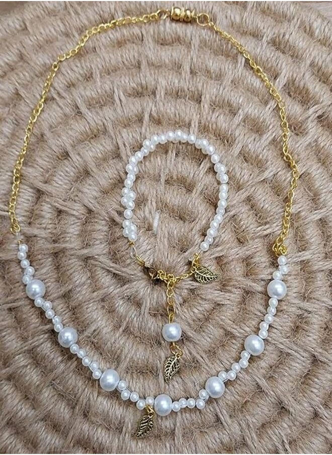 Generic - Artificial pearl necklace and bracelet set for women - Image 1