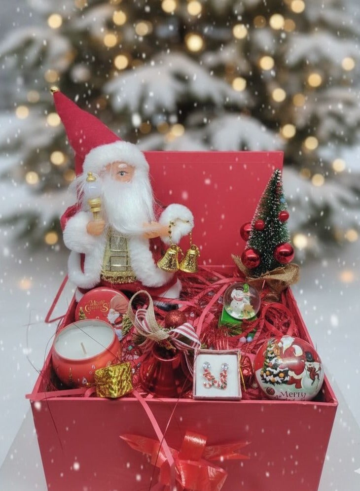 Christmas gift box + 7 gifts (Santa Claus figure with lights and songs + scented candle + Christmas earrings + 25 cm green tree + bell pendant + small gift ball + small crystal) - Image 1