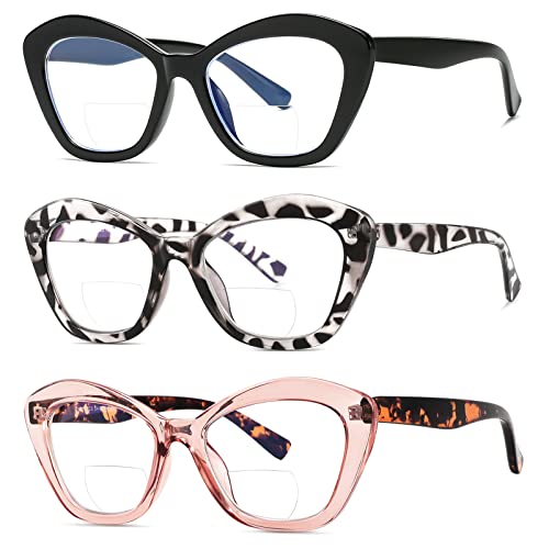 LKEYE Bifocal Reading Glasses for Women Blue Light Blocking Computer Reader With Clear Top Oversized Cat Eye Frame No Line Large Stylish ladies Eyeglasses 3Pack +2.00 - Image 1
