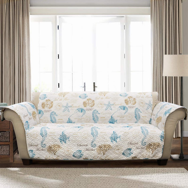 Lush Decor Lush Decor Harbor Life Furniture Protector Couch Cover 116 W x 75 L Blue  Taupe  Quilted Coastal Couch Cover  Nautical Furnishings  Pet Sofa Covers  Furniture Covers For Sofa  Loveseat  - Image 1