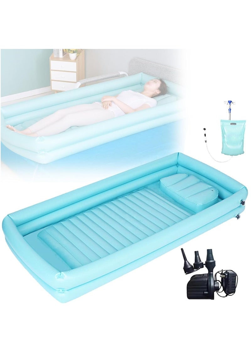 شو وو مجموعة حوض استحمام قابل للنفخ من البولي فينيل كلوريد للبالغين، دش محمول بجانب السرير مع وسادة، مساعد استحمام في السرير لكبار السن طريحي الفراش مع مضخة هواء وكيس ماء - Image 1