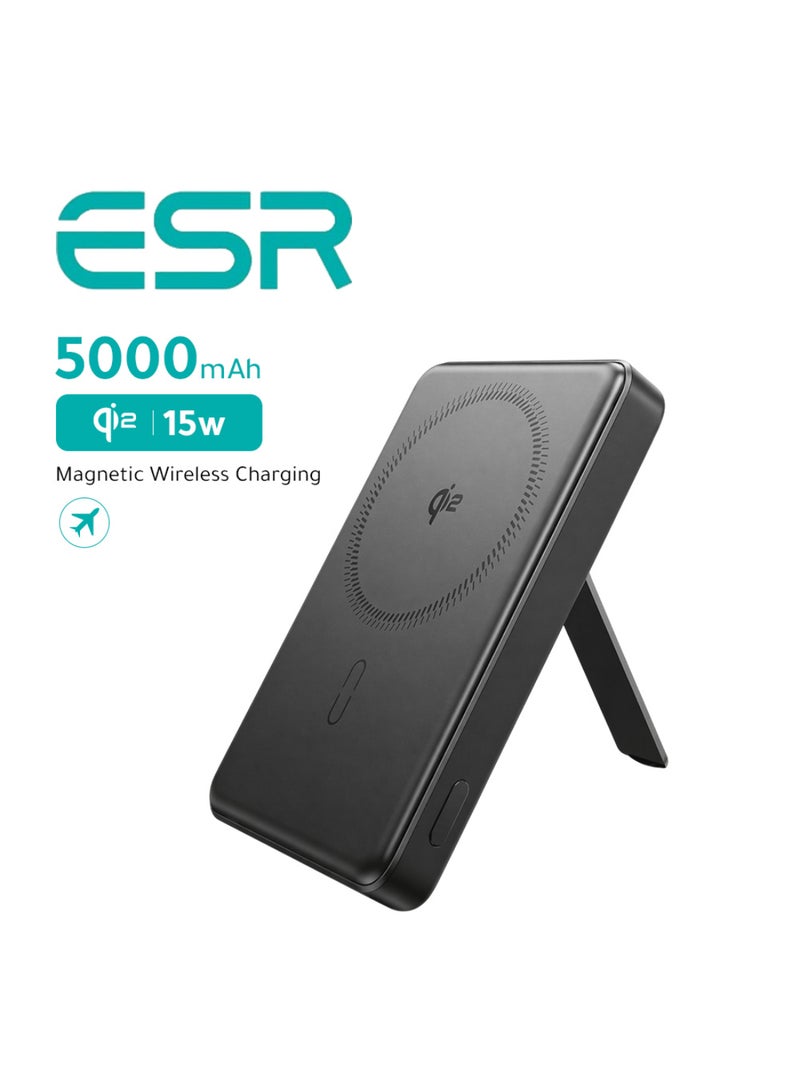اي اس ار ESR بطارية شحن ماج سيف متنقلة 5000mAh (Qi2 معتمد) شحن لاسلكي سريع 15 واط، مع مسند قابل للطي، شاحن MagSlim بقوة 20 واط، أسود 5000 mAh - Image 1