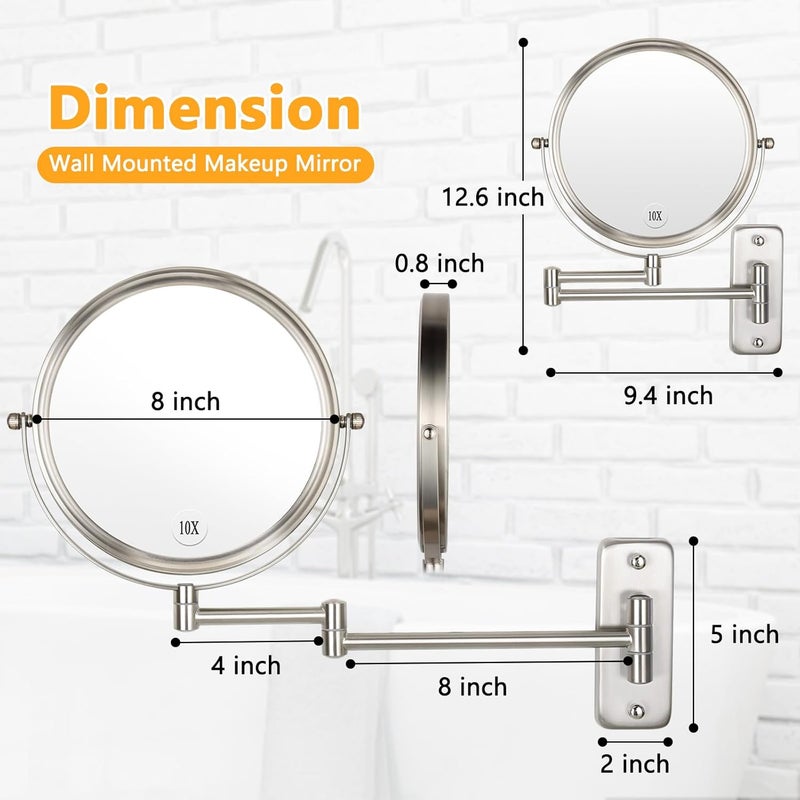 Alhakin (Nickel) - Wall Mounted Makeup Mirror - 10x Magnification 20cm Two-Sided Swivel Extendable Bathroom Mirror Nickel Finish - Image 4