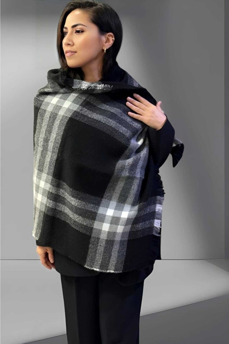 Tezzgelsin Women's Soft Textured Black Plaid Patterned Shoulder Shawl Scarf (70CM x 180CM)  - Image 2