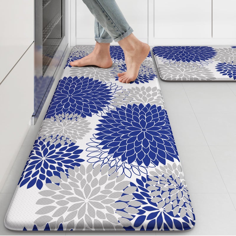 Collive Anti Fatigue Kitchen Mat 2PCS,Boho Floral Kitchen Rugs Non Slip Rubber Backing,Waterproof Farmhouse Kitchen Mat for Floor,Cushioned Standing Mat for Office,Laundry,Sink,Desk,Multi Cyan - Image 1