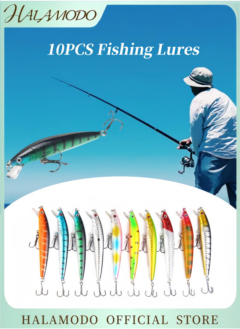 HALAMODO 10PCS Fishing Lures Hard Bait with Hooks 3D Minnow Crankbait Life-Like Swimbait Bass Trout Baits Kit Slender Jerbait Flash Fishing Lure for Saltwater & Freshwater  - Image 1