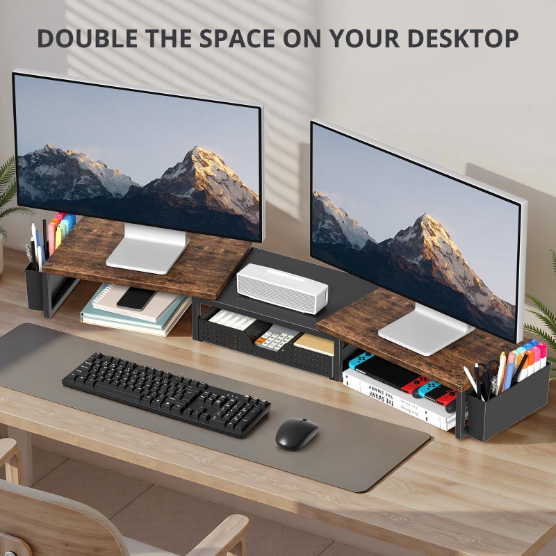 OPNICE Desk Organizers and Accessories, Dual Monitor Stand Riser with Drawer and 2 Pen Holders, Desk Shelf Wood Computer Racks for Office Workspace Organizers, Desktop Organization (Rustic Brown) - Image 4