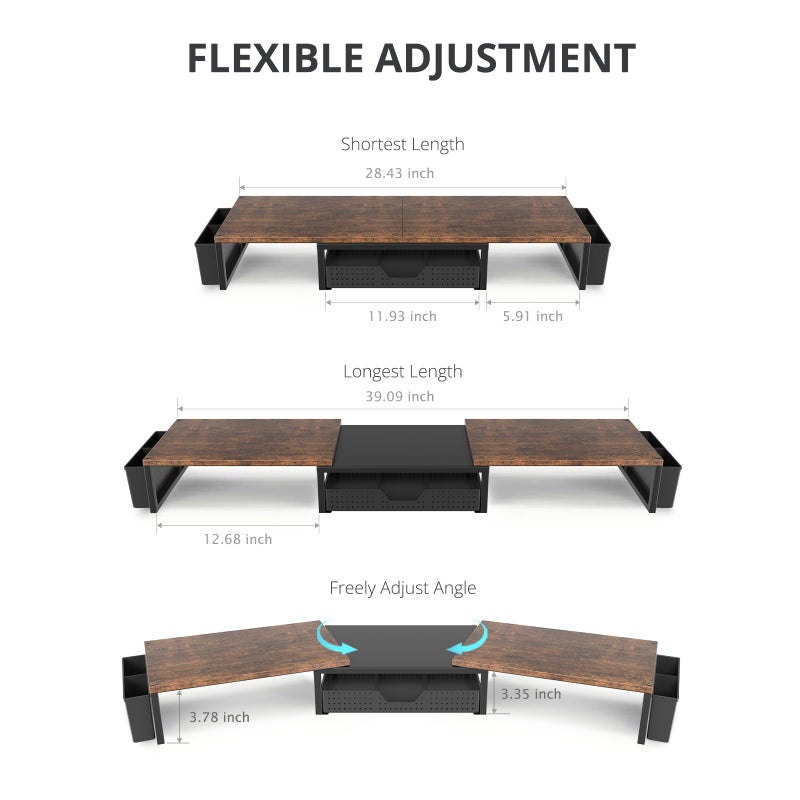 OPNICE Desk Organizers and Accessories, Dual Monitor Stand Riser with Drawer and 2 Pen Holders, Desk Shelf Wood Computer Racks for Office Workspace Organizers, Desktop Organization (Rustic Brown) - Image 3