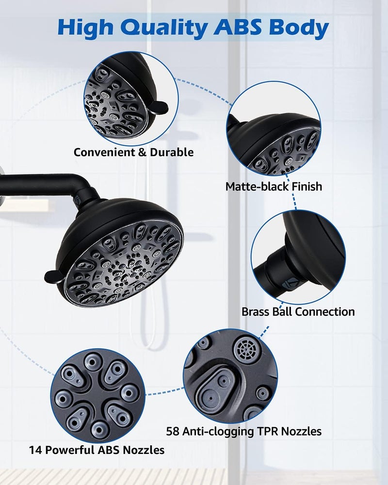 VMASSTONE High Pressure Shower Head 4.7" Rain Fixed Showerhead 7-Spray Setting with Adjustable Brass Swivel Ball Joint - Excellent Replacement for Your Bath Shower Head (FM-001 Matte Black) - Image 4
