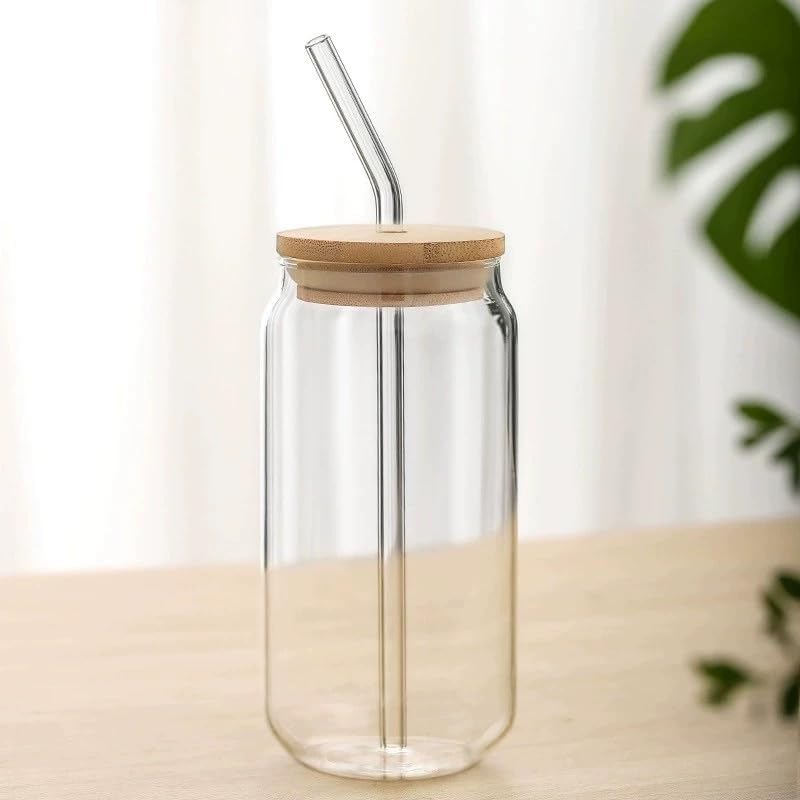 KELVEE Cold Coffee Sipper Beer Can Shaped Tumbler with Wooden Lid Drinking Mug with Straw for Milk Juice Smoothie Green Iced Tea Cup Set of 1,510ml Transparent (Clear) - Image 1