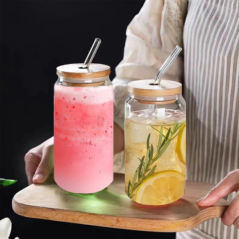 KELVEE Cold Coffee Sipper Beer Can Shaped Tumbler with Wooden Lid Drinking Mug with Straw for Milk Juice Smoothie Green Iced Tea Cup Set of 1,510ml Transparent (Clear) - Image 2