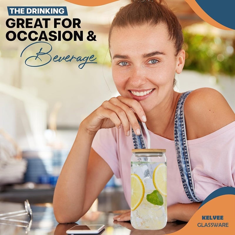 KELVEE Cold Coffee Sipper Beer Can Shaped Tumbler with Wooden Lid Drinking Mug with Straw for Milk Juice Smoothie Green Iced Tea Cup Set of 1,510ml Transparent (Clear) - Image 3