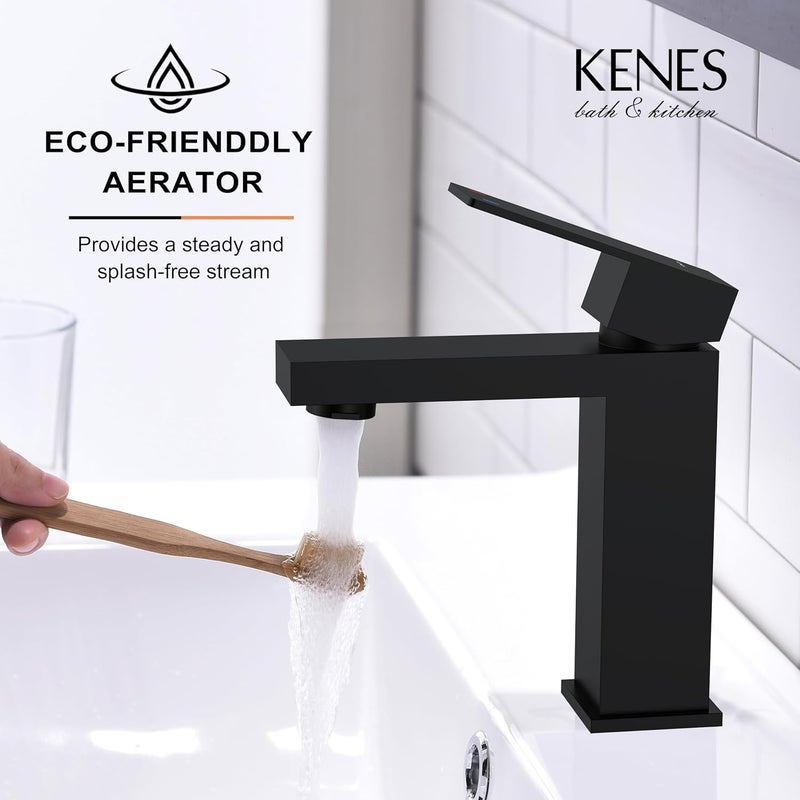 KENES Matte Black Single Handle Bathroom Sink Faucet, Stainless Steel Vanity Faucet for Bathroom Sink, with Pop Up Drain Stopper & Water Supply Hoses LJ-9031-2 - Image 5